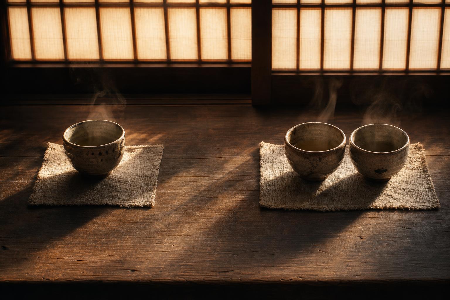 One tea bowl alone, two tea bowls together — a wooden table at dawn