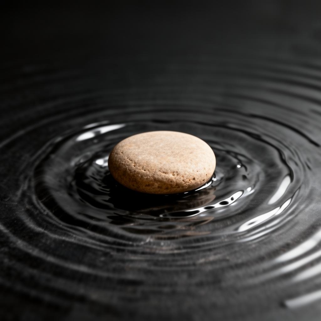 A small earth-toned stone in calm water with quiet ripples expanding outward